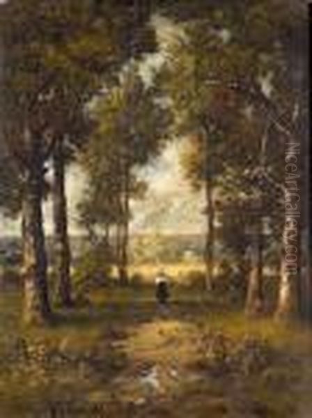 Sommerliche Waldpartie Mit Reisigsammlerin. - view 1