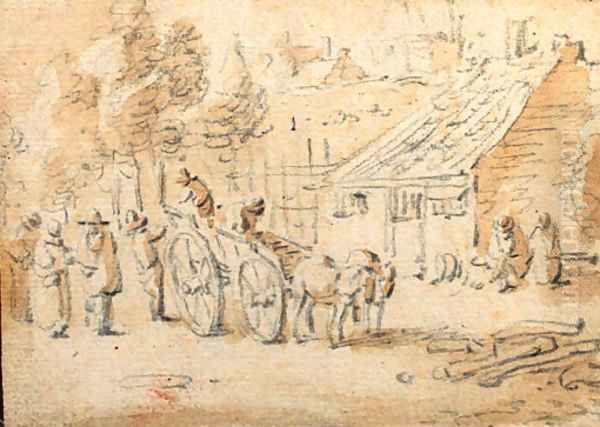 A horse-drawn cart with figures by a village - view 1