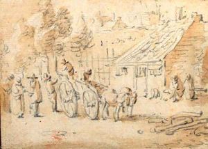 A horse-drawn cart with figures by a village A horse-drawn cart with figures by a village