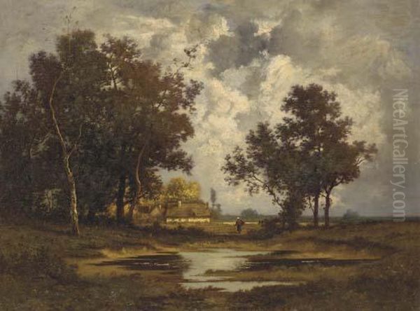 A Figure Walking By A Pond In A Forest - view 1