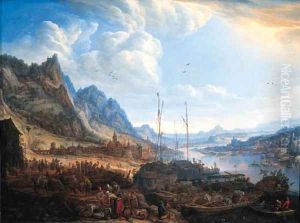 A Rhenish landscape with fishermen and peasants on a quayside, a town beyond A Rhenish landscape with fishermen and peasants on a quayside, a town beyond
