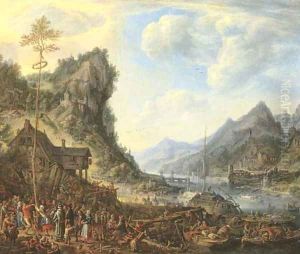 A Rhenish landscape with peasants dancing around the maypole, shipping moored by a jetty nearby