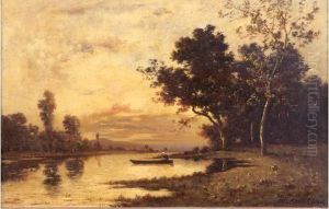 Paysage A La Barque Avec Un Personnage Sur Une Riviere Au Crepuscule