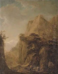 A rocky landscape with travellers on a path and peasants by a lake by Herman Saftleven