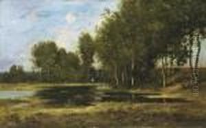 A Figure In A Wooded Landscape At Sunset by Leon Richet