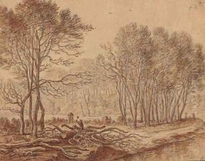 A stand of trees by a river with a woodcutter chopping logs by Herman Saftleven