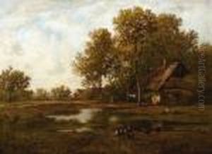 Farmhouse By A Pond On The Brink Of The Woods by Leon Richet