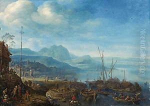 A view of Linz am Rhein, with barges unloading at a quay, an inn nearby