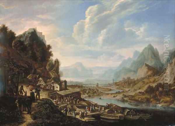An extensive river landscape with peasants disembarking - view 1