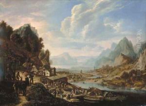 An extensive river landscape with peasants disembarking