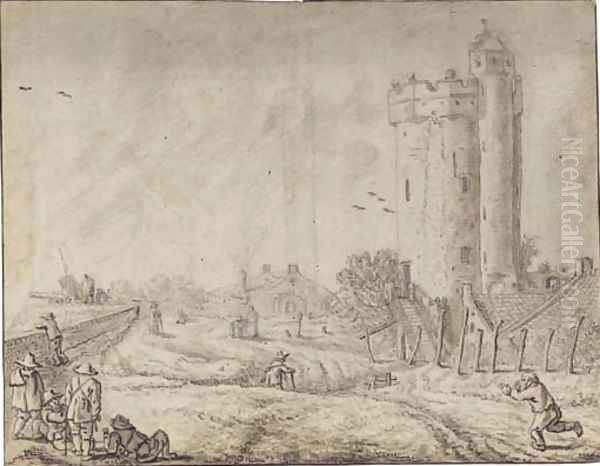 Figures by the city wall of Utrecht with the Bijlhouwertoren to the right - view 1