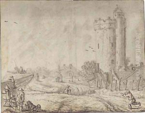 Figures by the city wall of Utrecht with the Bijlhouwertoren to the right by Herman Saftleven
