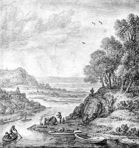 A Rhenish Landscape with Fishermen tarring a Boat, near Linz by Herman Saftleven