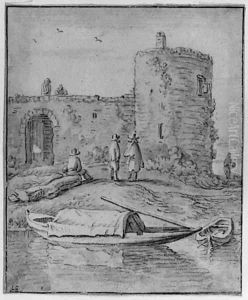 Boats moored outside a City Wall with Figures near a Gate by Herman Saftleven