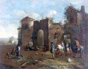 Travellers halted at a rustic farriers by Francesco Simonini