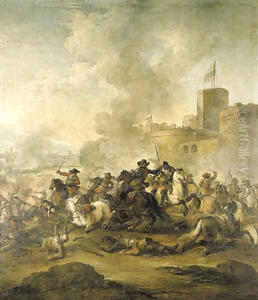 A cavalry battle outside a castle, a town beyond - view 1