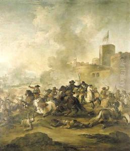 A cavalry battle outside a castle, a town beyond
