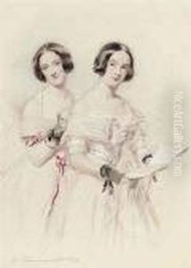 Portrait Study Of Two Young Ladies Dressed For The Opera by George Richmond