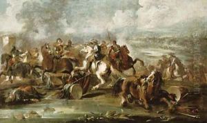 A cavalry skirmish on a riverbank, a city beyond by Francesco Simonini
