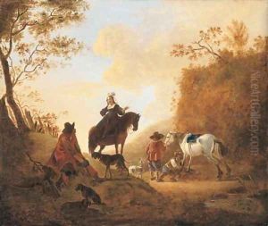 A landscape with hunters resting by a path by Dirck Willemsz. Stoop