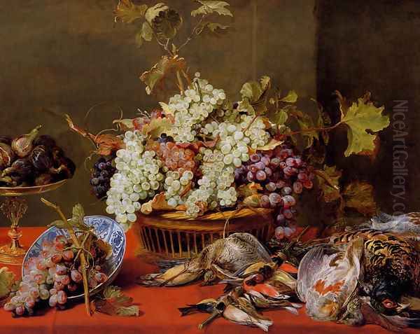 A Still Life Of Grapes In A Basket And A Bunch In A Wan-li 'Kraak' Porcelain Bowl With Figs In A Tazza On A Red Draped Ledge With A Woodstock, Pheasants, A Partridge And Other Birds - view 1