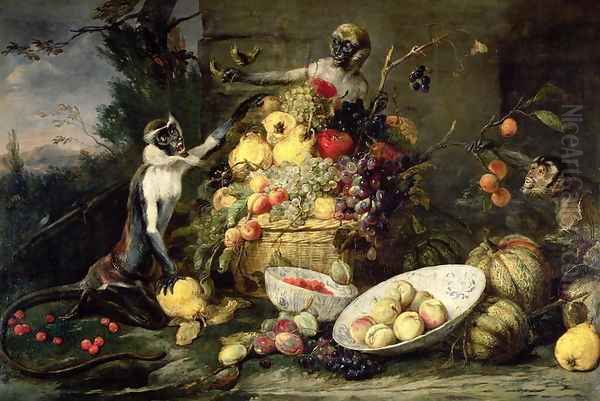Three Monkeys Stealing Fruit - view 1