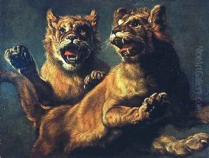 Two young lions jumping