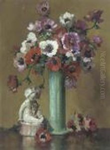 White, Red And Purple Anemones In A Green Vase