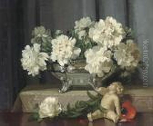 Peonies In An Silver Tureen With A Red Poppy And A Seated Putti - view 1