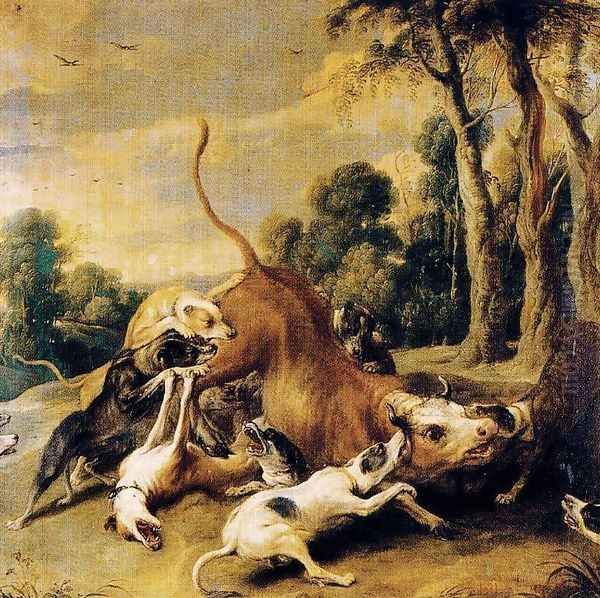 Bull surrendered by dogs - view 1