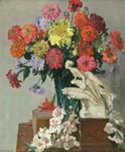A Still Life With Zinnias And Other Flowers Ina Glass Vase With A Porcelain Figurine