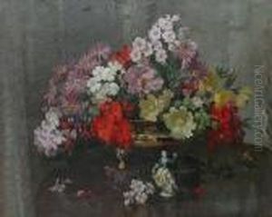 Still Life Of Mixed Flowers In A Bronze Bowl, Next To Figurine.