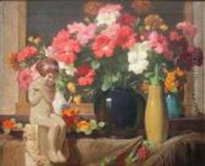 Still Life Of A Porcelain Figure And Vases Of Flowers