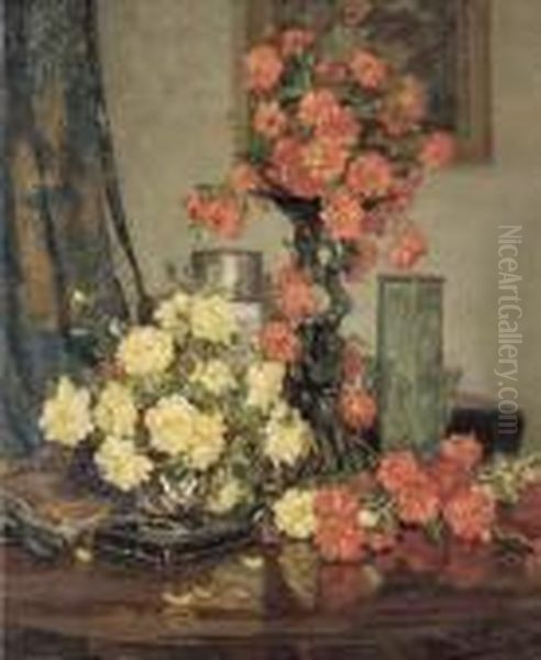 Red And White Peonies On A Round Table - view 1