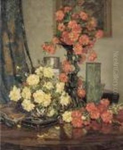 Red And White Peonies On A Round Table by David the Elder Richter