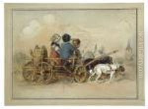 Drei Kinder In Einem Von Hundengezogenen Leiterwagen by Adrian Ludwig Richter
