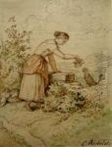 Couple Preparing A Picnic In A Summer Landscape by Adrian Ludwig Richter