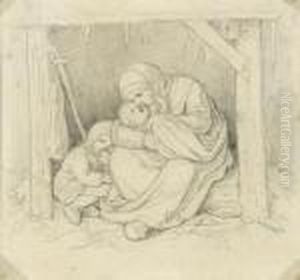 Der Januar - Rastende Mutter Mit Zwei Kindern by Adrian Ludwig Richter