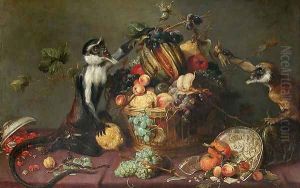 Two monkeys looting a fruit basket