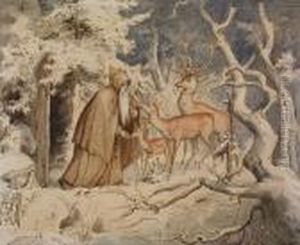 Winterlandschaft Mit Franziskaner Und Rehen by Adrian Ludwig Richter