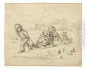 Winter - Spielende Kinder Mit Schlitten by Adrian Ludwig Richter