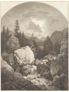 An Extensive Rocky Landscape With A Waterfall, Mountains Seenthrough Clouds Beyond by Adrian Ludwig Richter