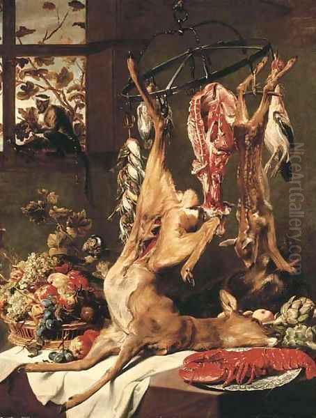 A deer, a fawn and other dead game suspended on hooks, a lobster on a porcelain plate, artichokes and grapes, apples - view 1