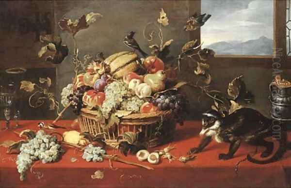 A melon, grapes, apples, pears, peaches and other fruit in a basket, with two facon-de-Venise wineglasses - view 1