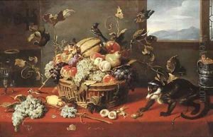A melon, grapes, apples, pears, peaches and other fruit in a basket, with two facon-de-Venise wineglasses