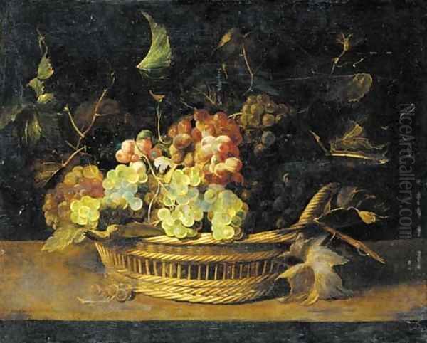 Bunches of grapes in a basket on a ledge - view 1