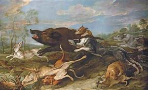 A wild boar attacked by hounds