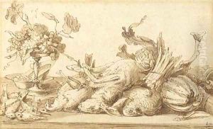 A still life with birds, rabbits and vegetables, with a plate and a tazza with grapes