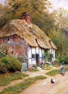 A Young Girl and Ducks by a Thatched Cottage by Arthur Claude Strachan