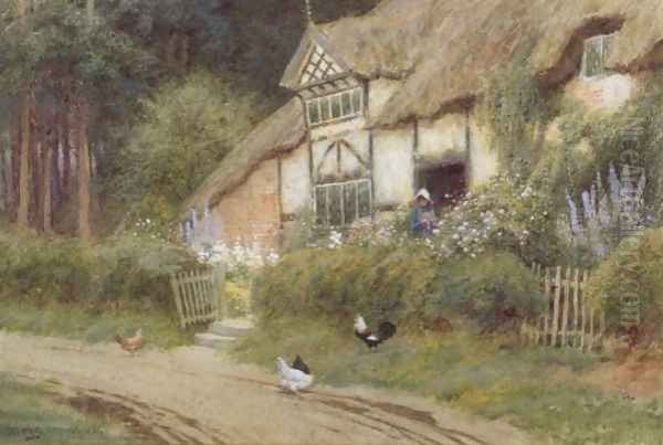 A Young Girl and Chickens by a Cottage - view 1
